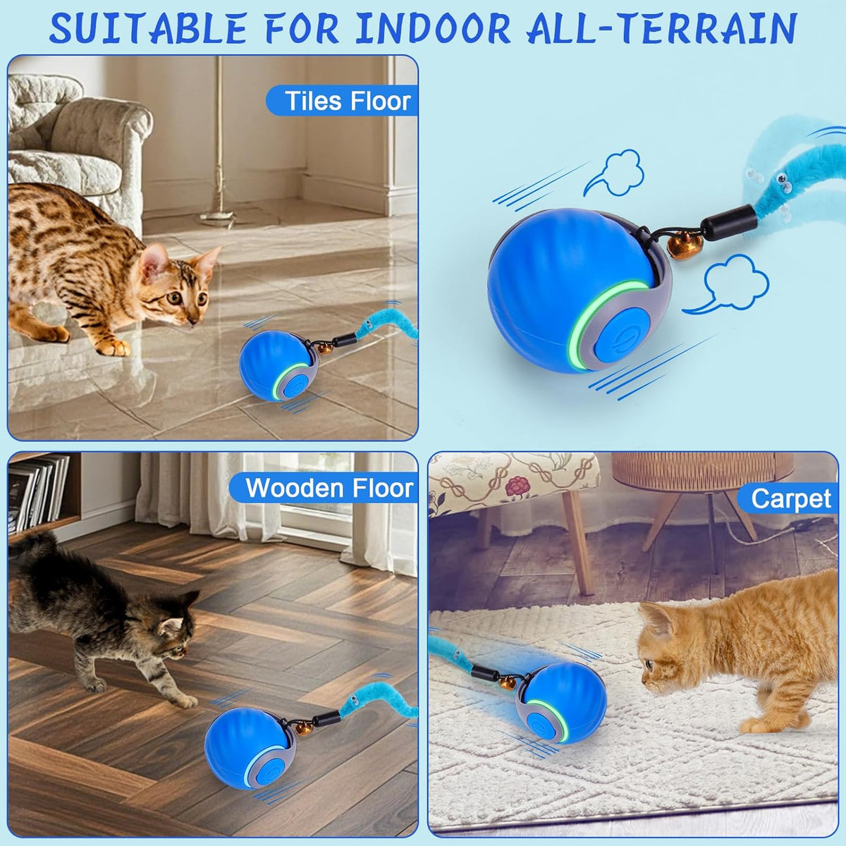 Interactive Cat Toy Ball, Automatic Rolling Ball with 3 Tails for Indoor Cats