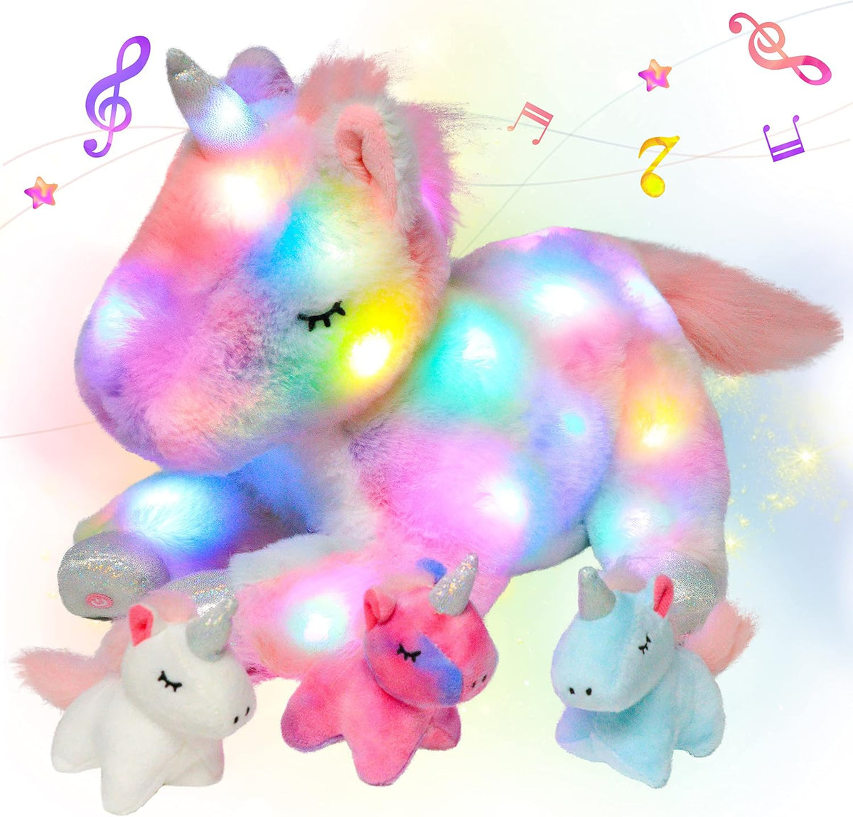 Light-Up Plush Mommy Animal with 3 Babies Inside, Glow Stuffed Animal Set