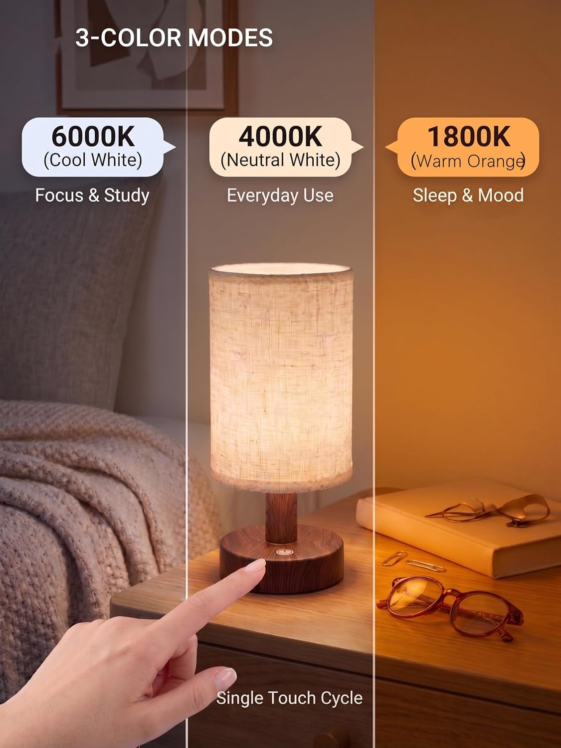 Cordless Rechargeable Table Lamp, Touch Dimmable Wood Grain Bedside Lamp