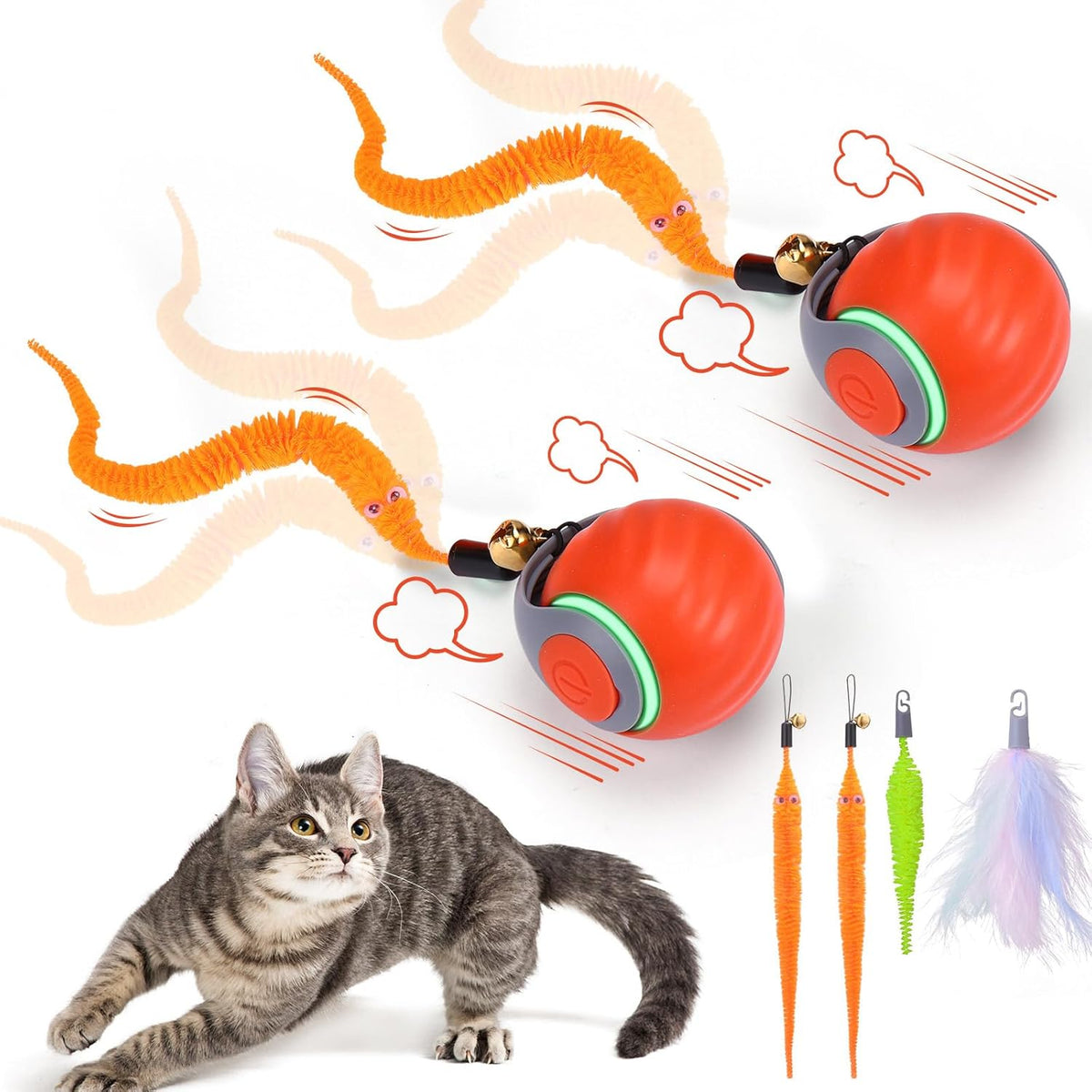 Interactive Cat Toy Ball, Automatic Rolling Ball with 3 Tails for Indoor Cats