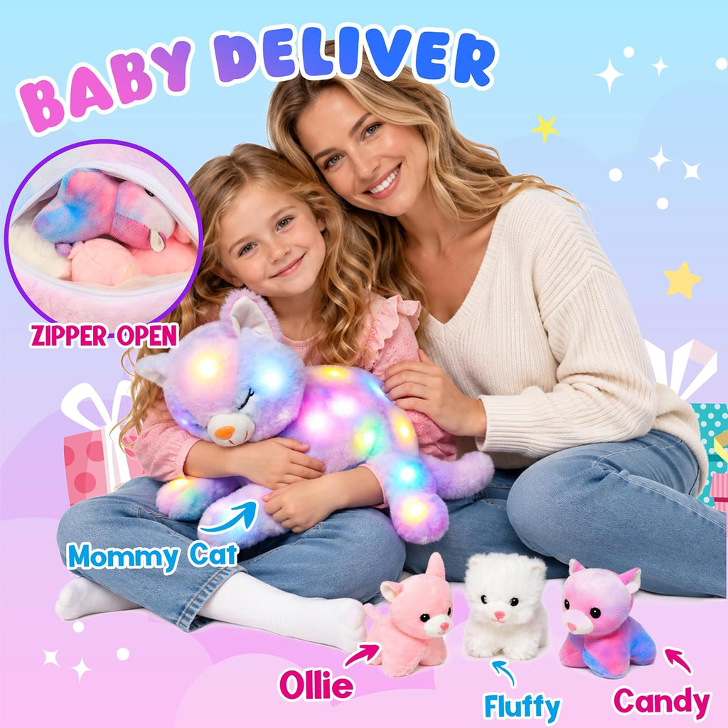 Light-Up Plush Mommy Animal with 3 Babies Inside, Glow Stuffed Animal Set