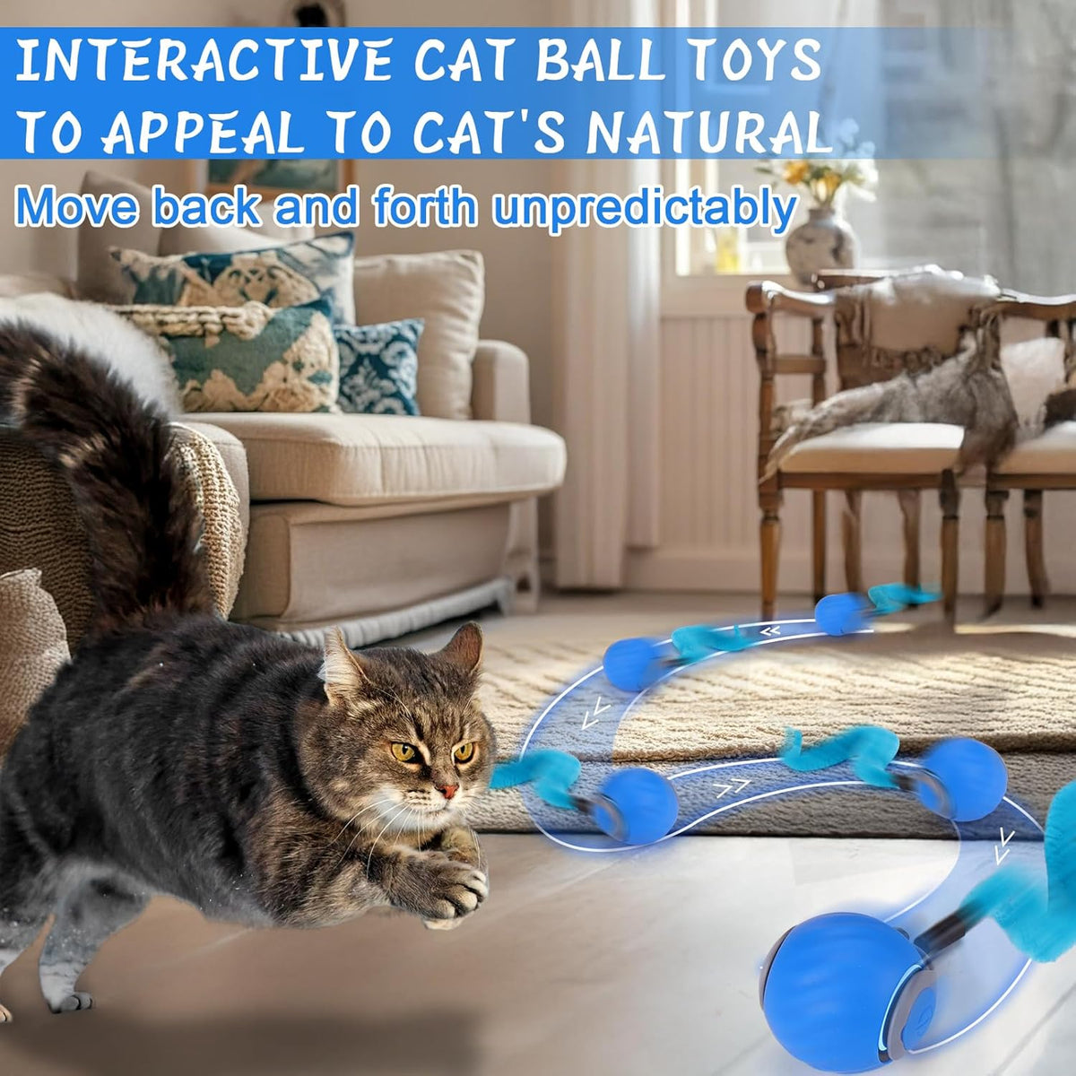 Interactive Cat Toy Ball, Automatic Rolling Ball with 3 Tails for Indoor Cats