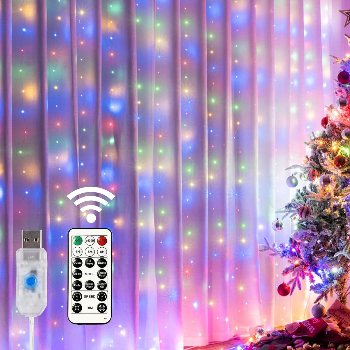 Multicolor LED curtain fairy lights with USB remote glowing beside a Christmas tree