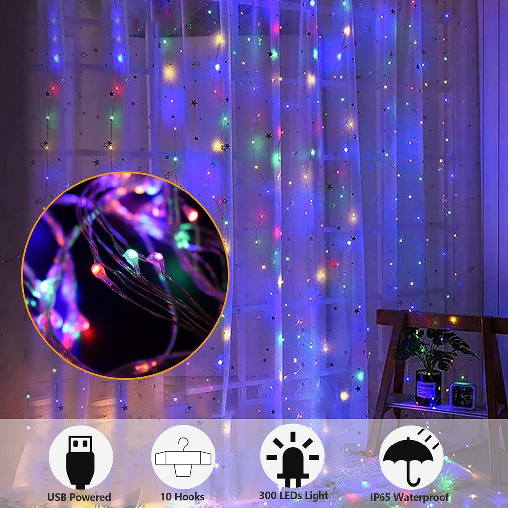 LED Curtain Fairy Lights, 300 LED 9.8ft x 9.8ft USB with Remote