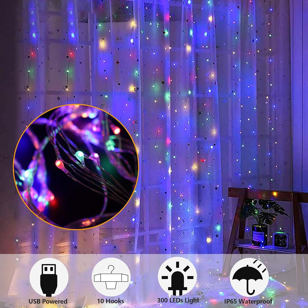 LED Curtain Fairy Lights, 300 LED 9.8ft x 9.8ft USB with Remote
