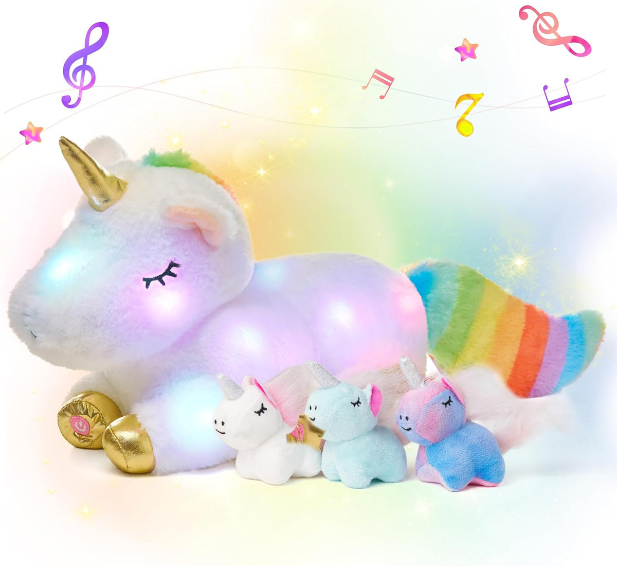 Light-Up Plush Mommy Animal with 3 Babies Inside, Glow Stuffed Animal Set