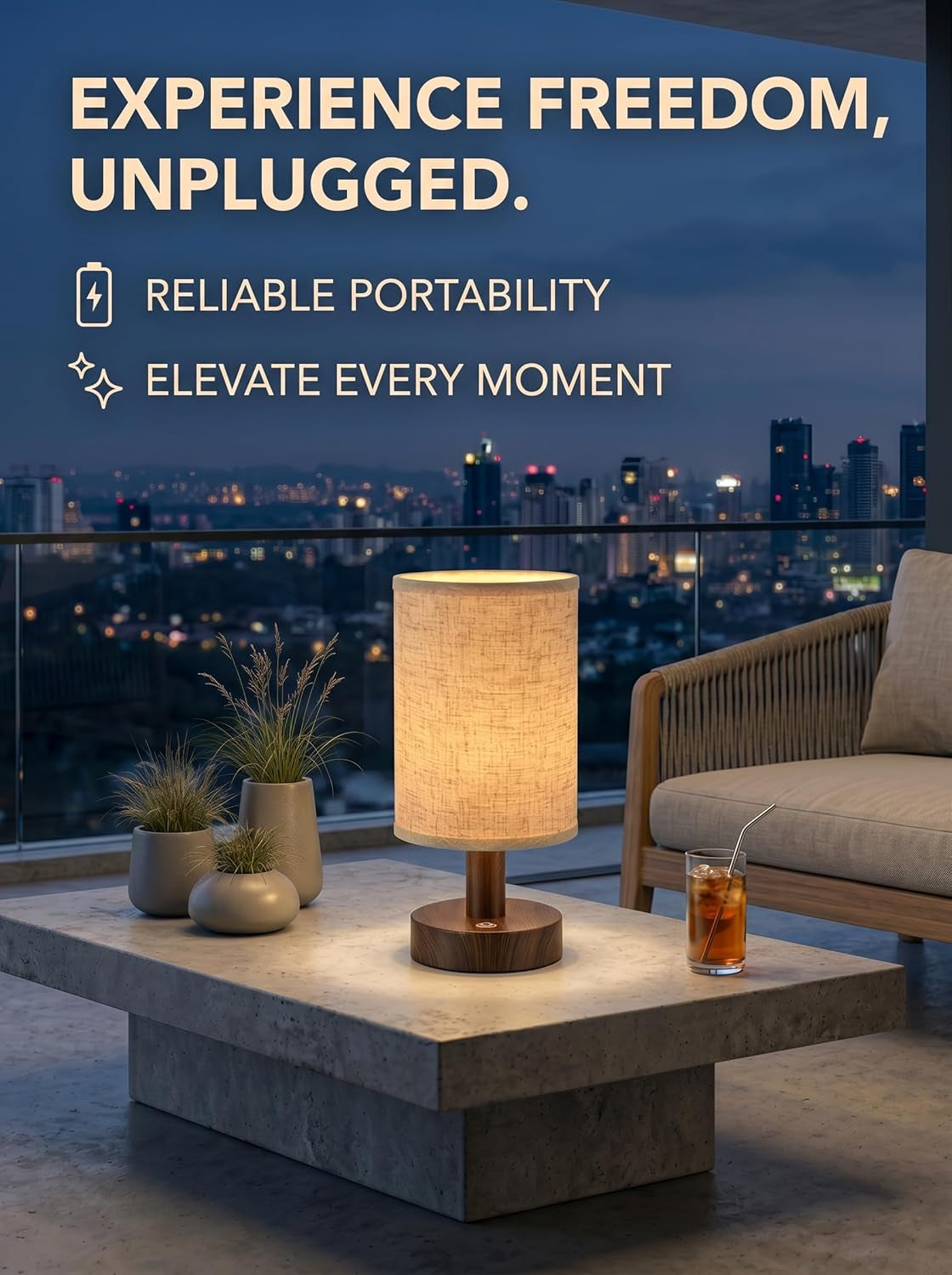 Cordless Rechargeable Table Lamp, Touch Dimmable Wood Grain Bedside Lamp