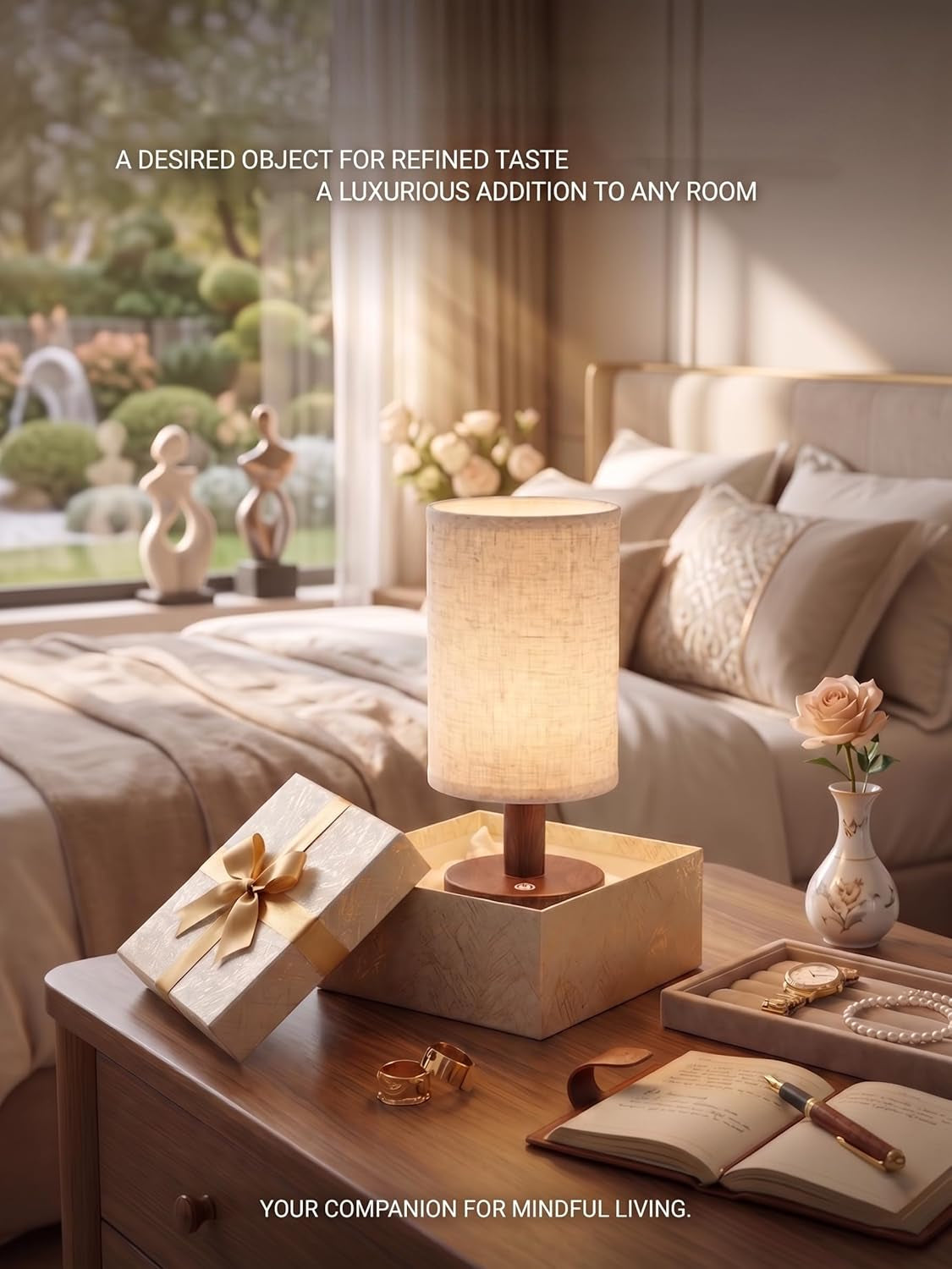 Cordless Rechargeable Table Lamp, Touch Dimmable Wood Grain Bedside Lamp
