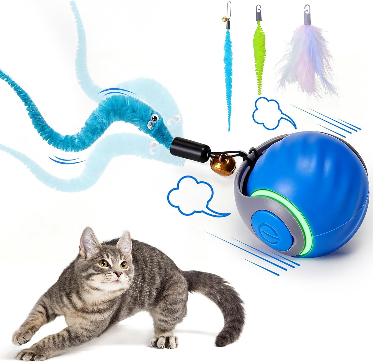 Interactive Cat Toy Ball, Automatic Rolling Ball with 3 Tails for Indoor Cats