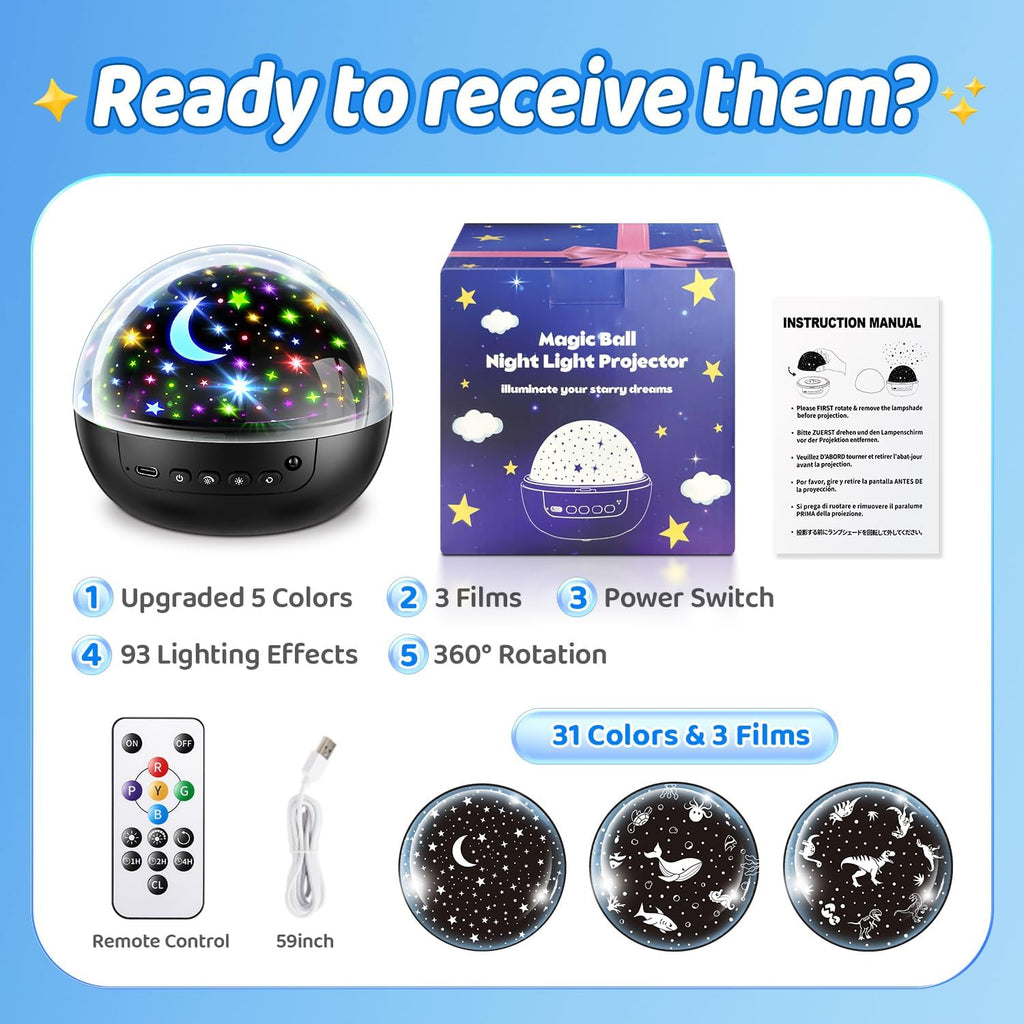 Kids Star Projector Night Light, 93 Lighting Modes with 3 Films and Remote