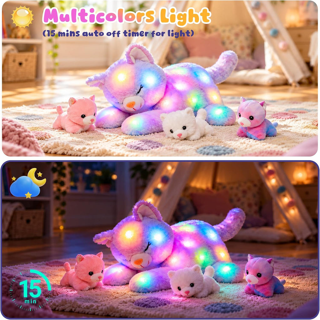 Light-Up Plush Mommy Animal with 3 Babies Inside, Glow Stuffed Animal Set