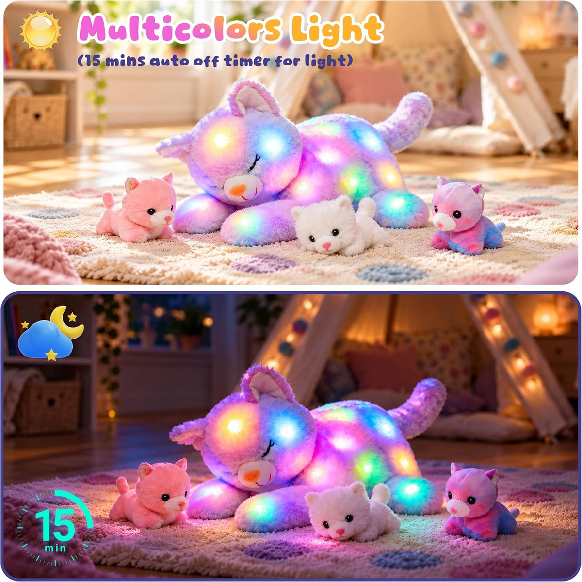 Light-Up Plush Mommy Animal with 3 Babies Inside, Glow Stuffed Animal Set