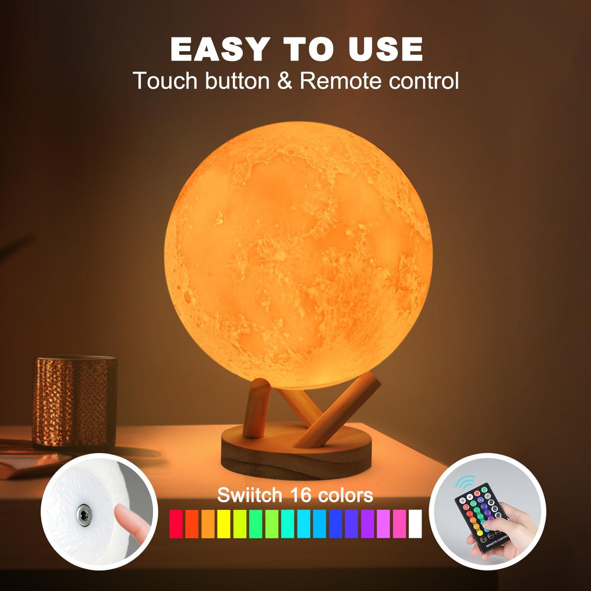 Moon Lamp, 6 Inch Sliding Control Moon Light, Kids Night Light, 16 Colors Moon Night Light with Unique Stand,Timing, Room Decor, Birthday Gifts for Kid Girls Boys Teens Women Friends Lover