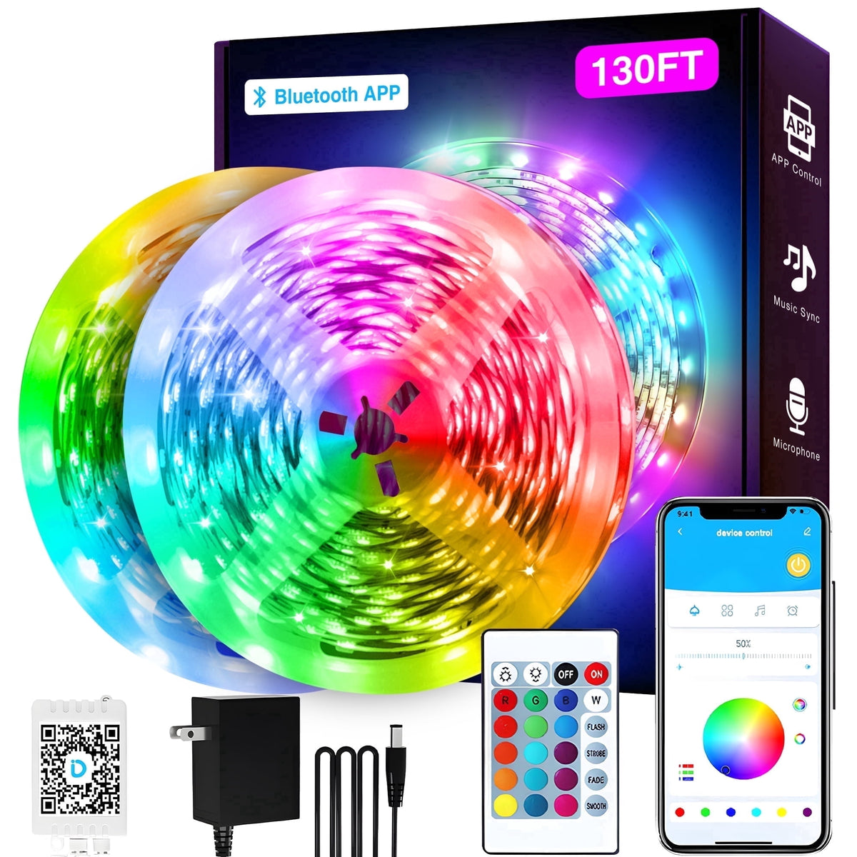 130ft RGB LED Strip Lights, Music Sync with App & Remote