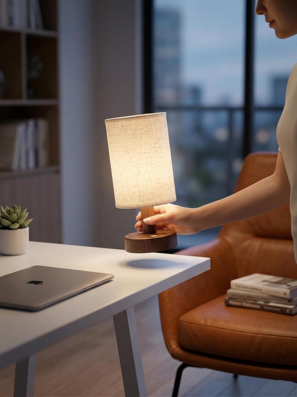 Cordless Rechargeable Table Lamp, Touch Dimmable Wood Grain Bedside Lamp