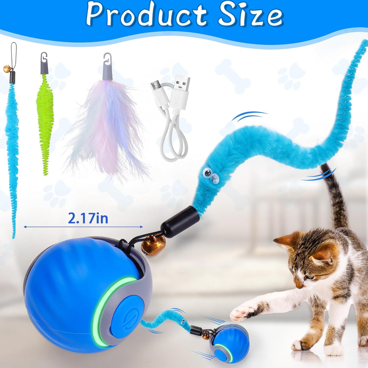 Interactive Cat Toy Ball, Automatic Rolling Ball with 3 Tails for Indoor Cats