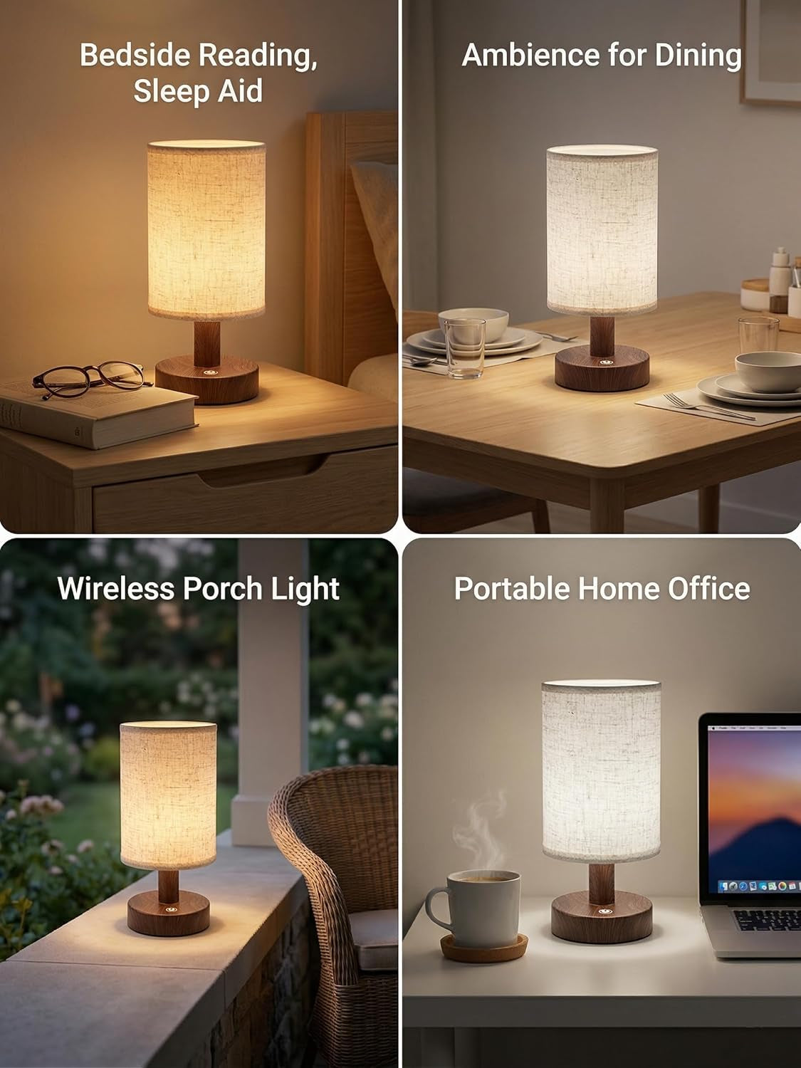 Cordless Rechargeable Table Lamp, Touch Dimmable Wood Grain Bedside Lamp