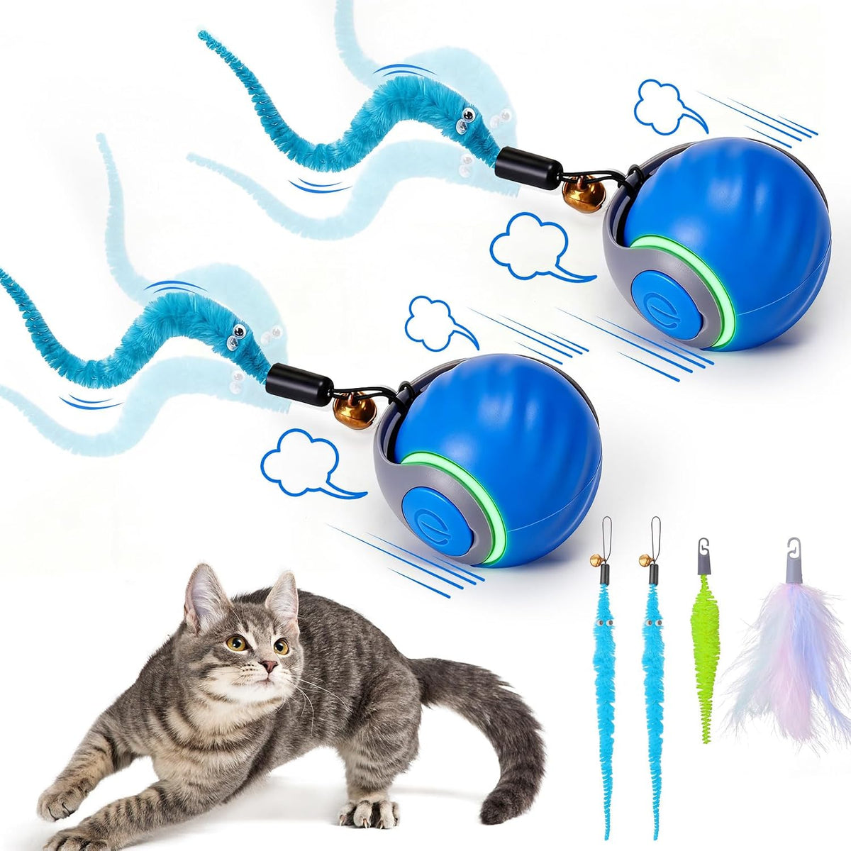 Interactive Cat Toy Ball, Automatic Rolling Ball with 3 Tails for Indoor Cats
