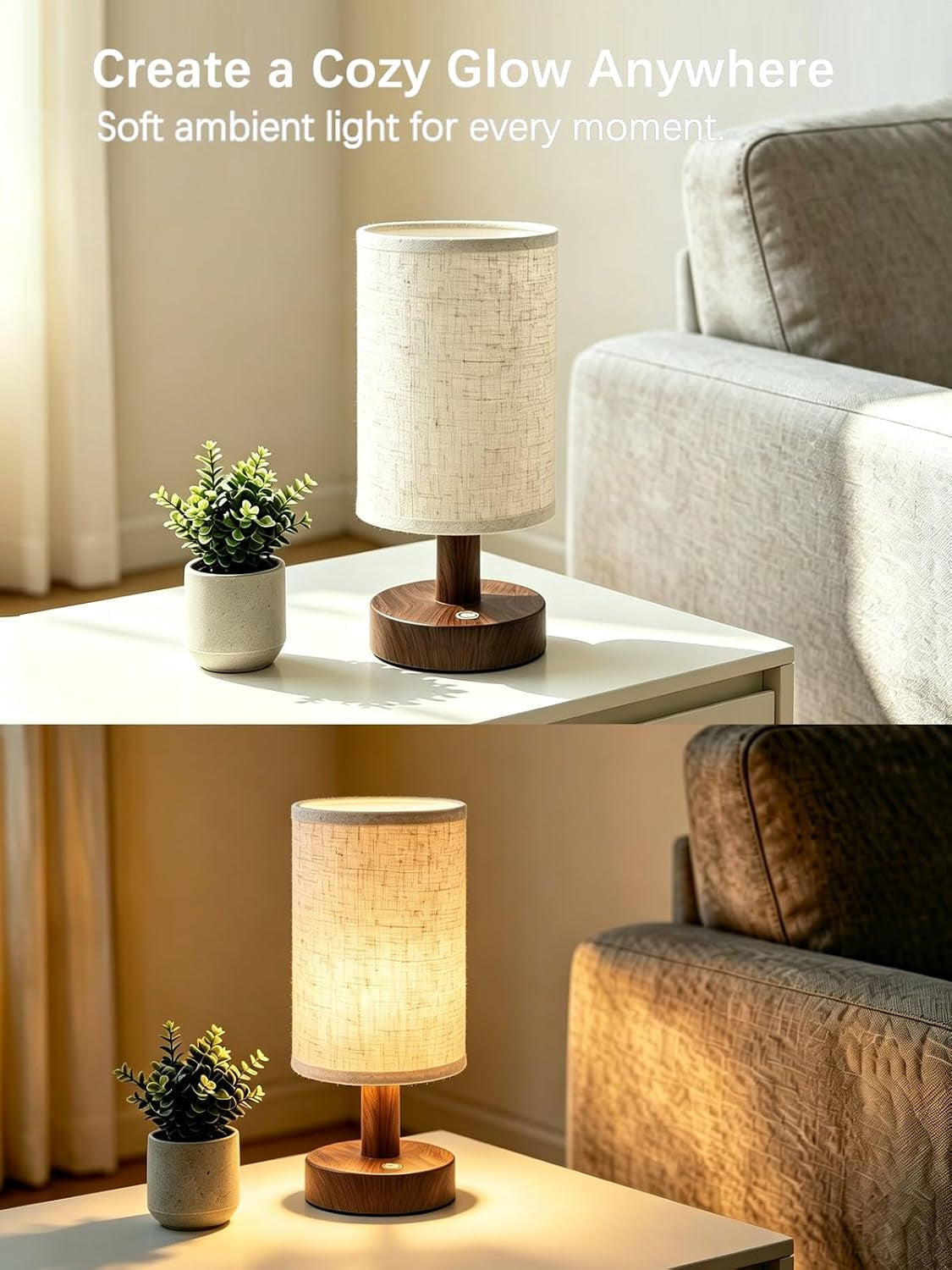 Cordless Rechargeable Table Lamp, Touch Dimmable Wood Grain Bedside Lamp