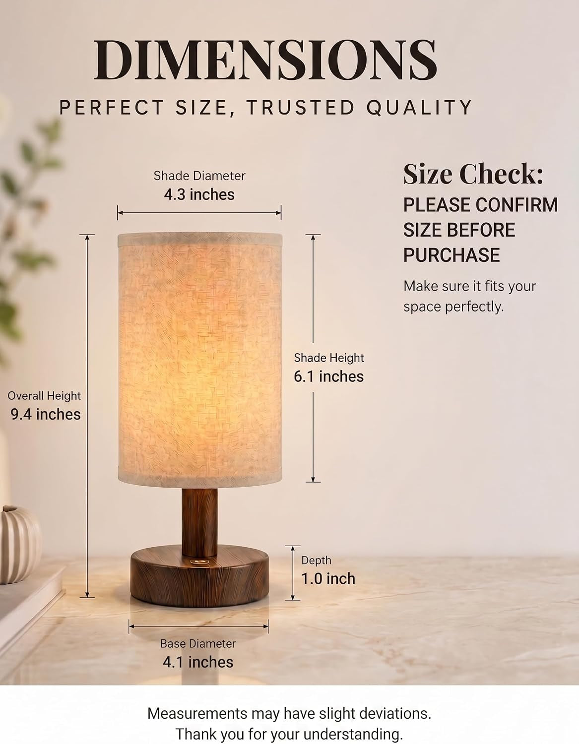 Cordless Rechargeable Table Lamp, Touch Dimmable Wood Grain Bedside Lamp