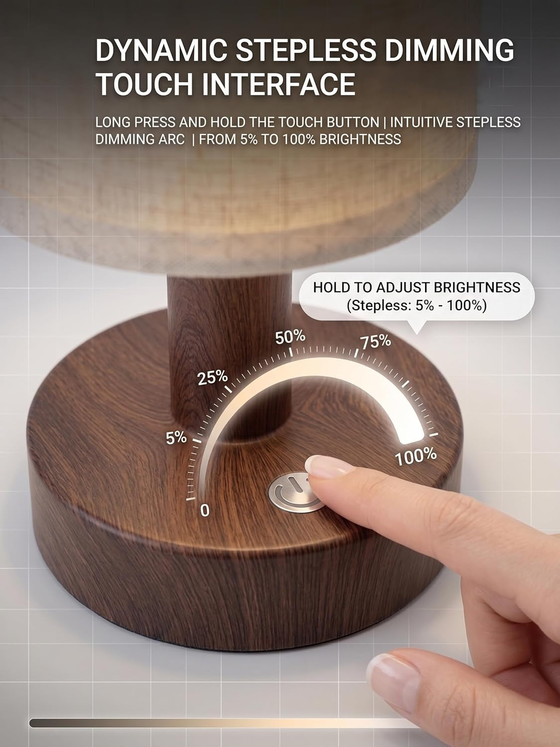 Cordless Rechargeable Table Lamp, Touch Dimmable Wood Grain Bedside Lamp