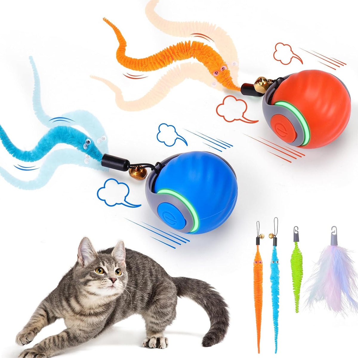 Interactive Cat Toy Ball, Automatic Rolling Ball with 3 Tails for Indoor Cats