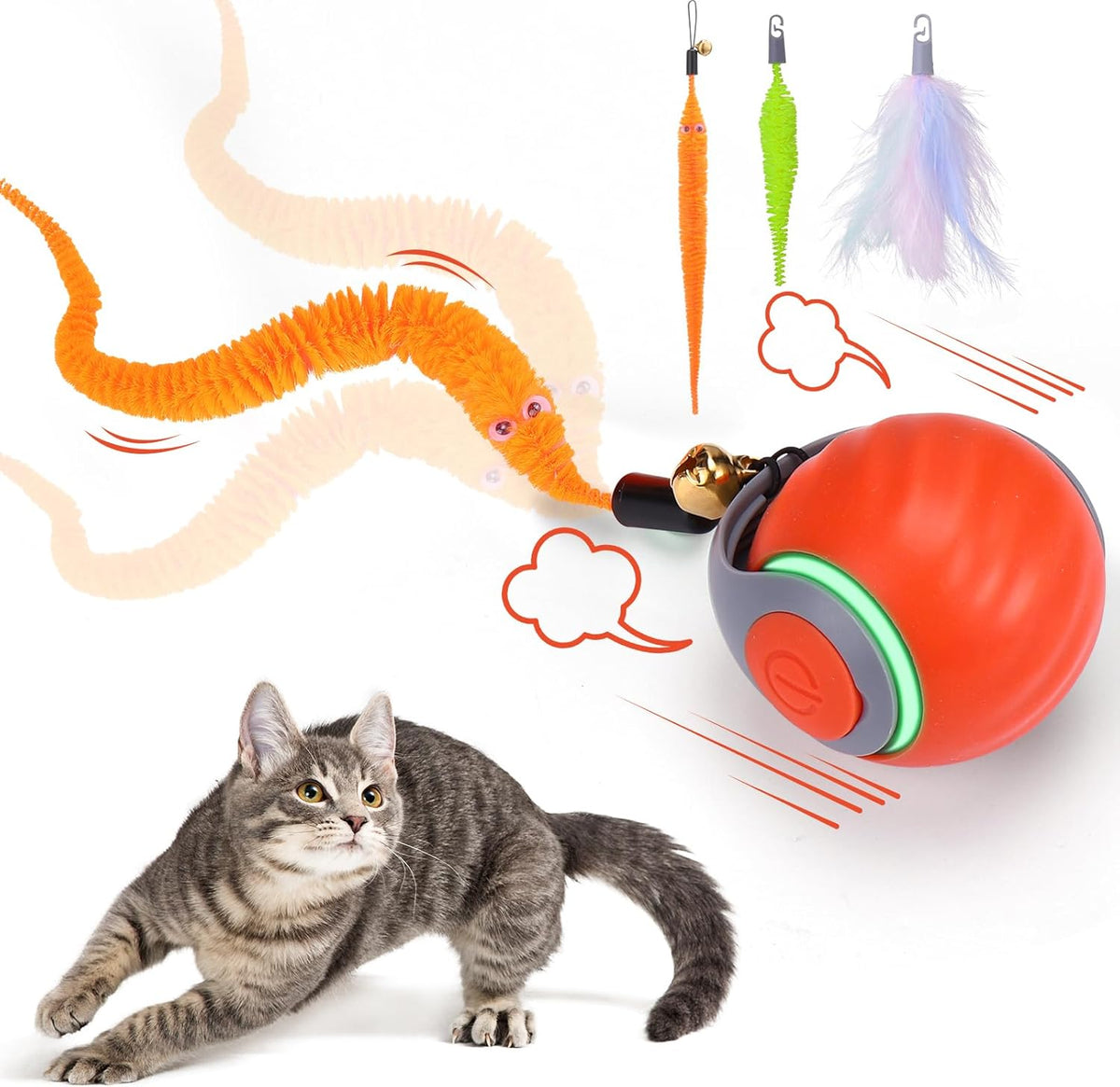 Interactive Cat Toy Ball, Automatic Rolling Ball with 3 Tails for Indoor Cats