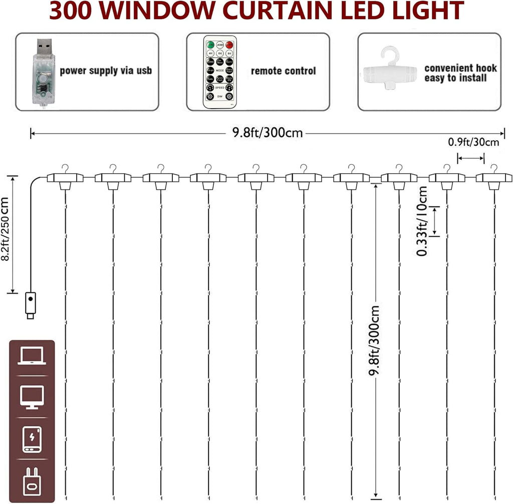 LED Curtain Fairy Lights, 300 LED 9.8ft x 9.8ft USB with Remote