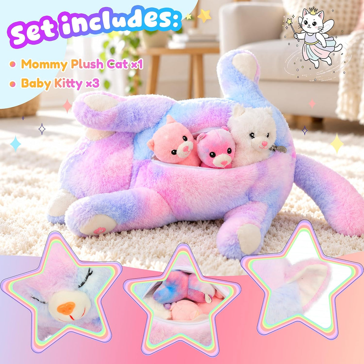Light-Up Plush Mommy Animal with 3 Babies Inside, Glow Stuffed Animal Set